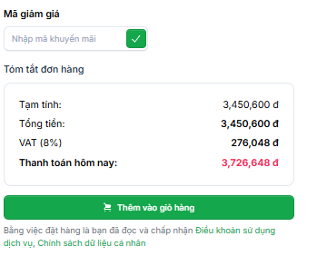 Minh họa ô Nhập mã khuyến mãi trên trang thanh toán của nhà cung cấp